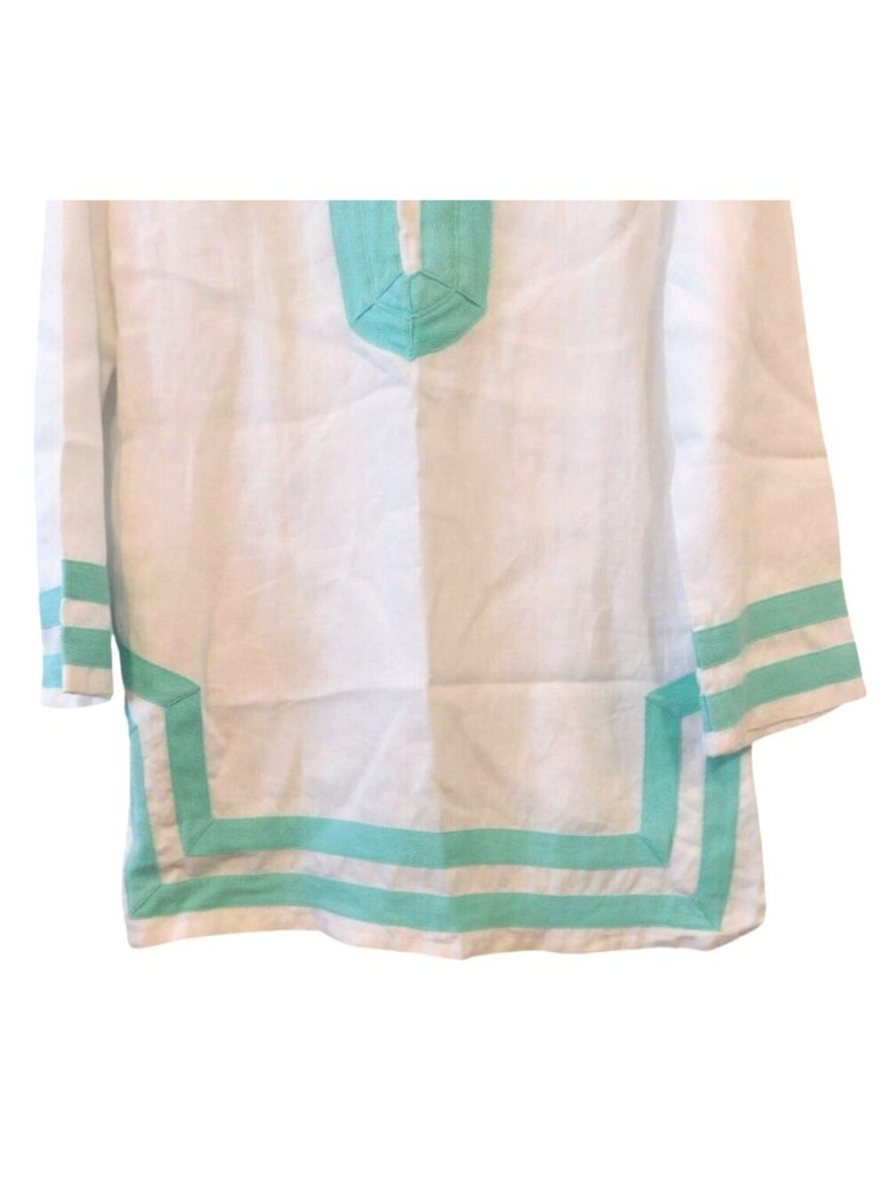 Sail to Sable Womens Sz M Linen Tunic Blouse White Teal Trim Coastal Preppy Reso - Picture 2 of 5